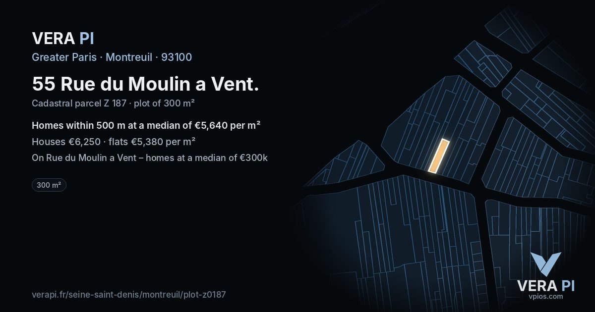 55 Rue du Moulin a Vent, Montreuil at night – the plot lit, the parcels around coloured by the prices near them
