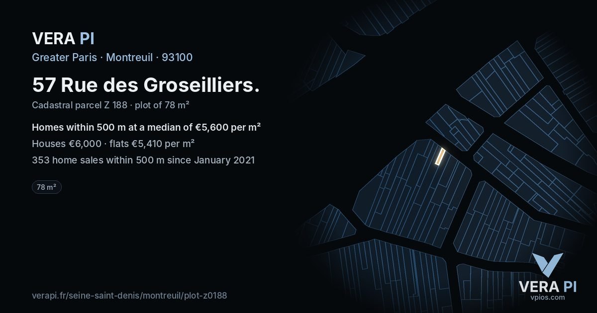 57 Rue des Groseilliers, Montreuil at night – the plot lit, the parcels around coloured by the prices near them
