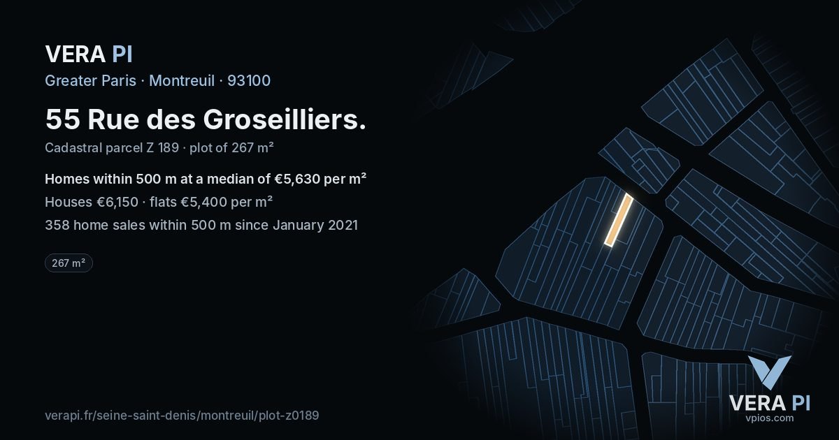 55 Rue des Groseilliers, Montreuil at night – the plot lit, the parcels around coloured by the prices near them
