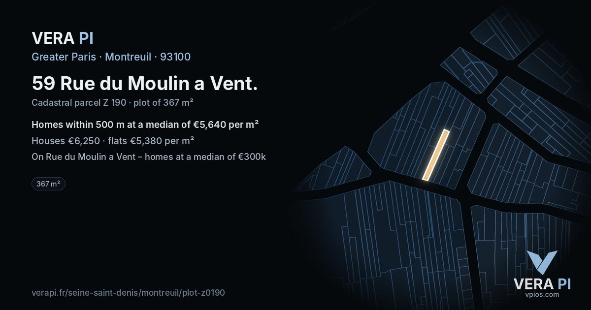 59 Rue du Moulin a Vent, Montreuil at night – the plot lit, the parcels around coloured by the prices near them
