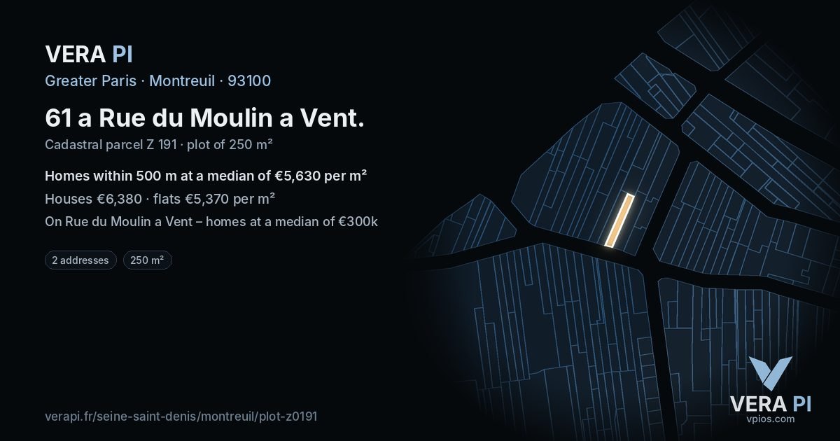 61 a Rue du Moulin a Vent, Montreuil at night – the plot lit, the parcels around coloured by the prices near them