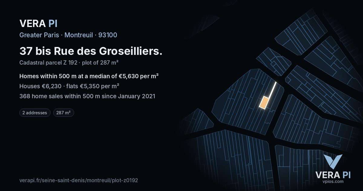 37 bis Rue des Groseilliers, Montreuil at night – the plot lit, the parcels around coloured by the prices near them