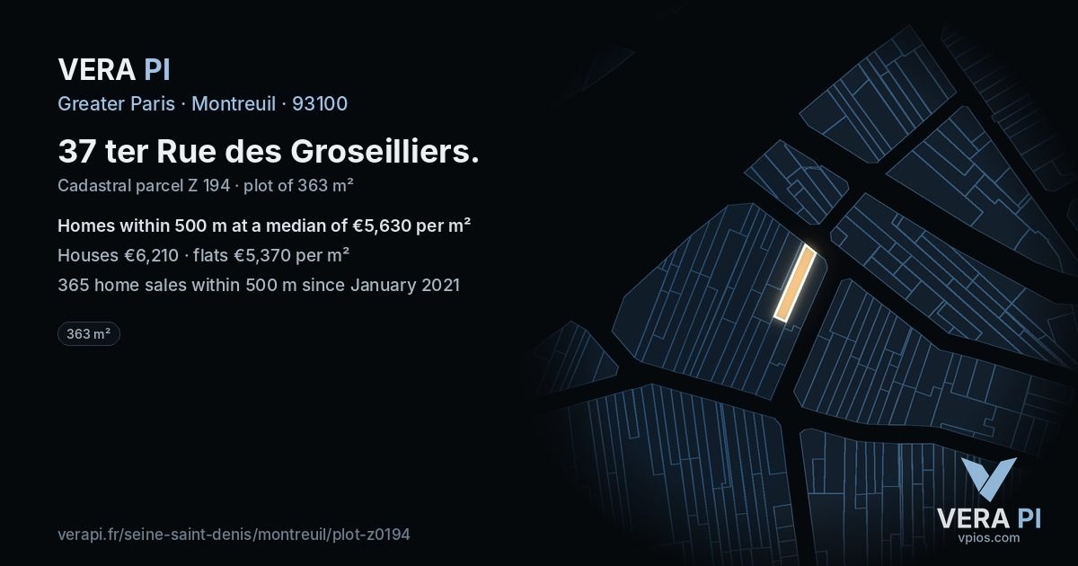 37 ter Rue des Groseilliers, Montreuil at night – the plot lit, the parcels around coloured by the prices near them