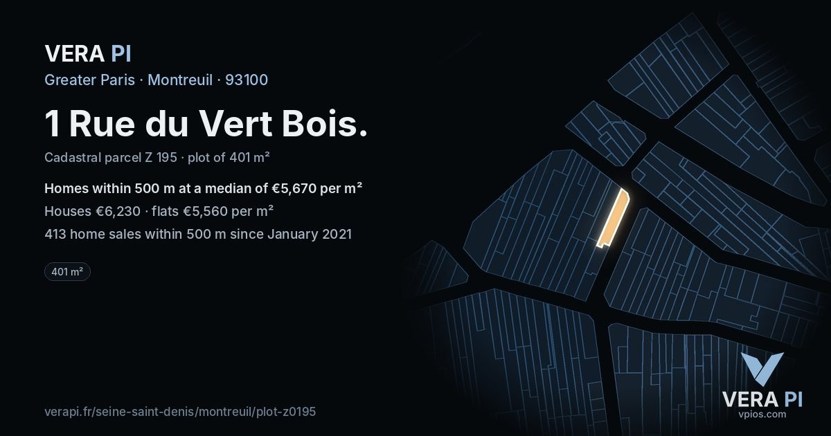 1 Rue du Vert Bois, Montreuil at night – the plot lit, the parcels around coloured by the prices near them