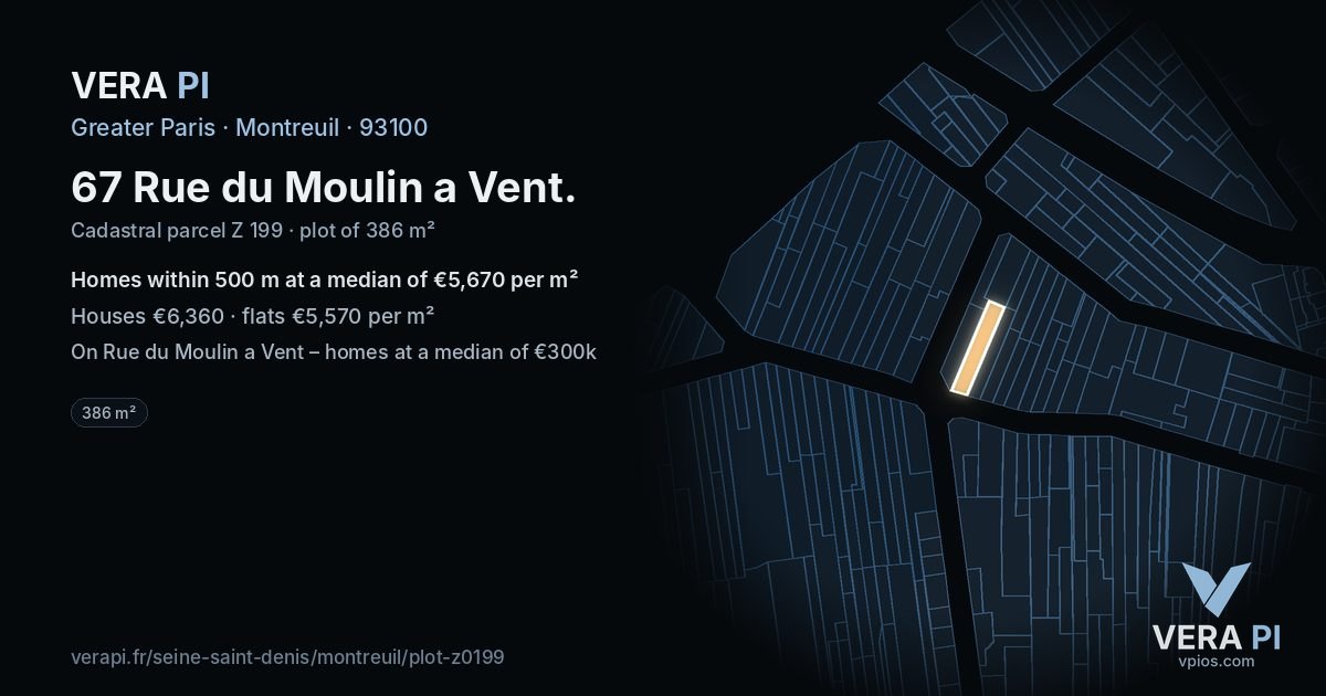 67 Rue du Moulin a Vent, Montreuil at night – the plot lit, the parcels around coloured by the prices near them