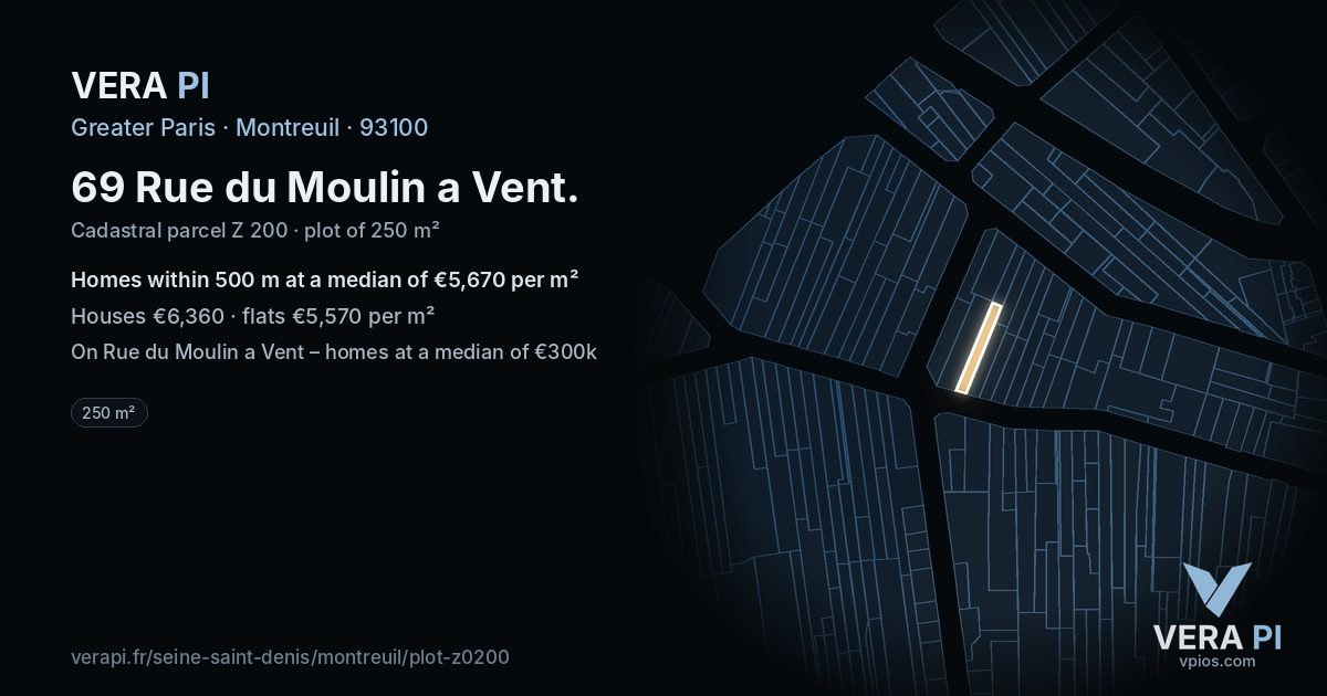 69 Rue du Moulin a Vent, Montreuil at night – the plot lit, the parcels around coloured by the prices near them