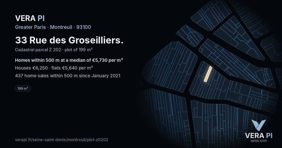 33 Rue des Groseilliers, Montreuil at night – the plot lit, the parcels around coloured by the prices near them