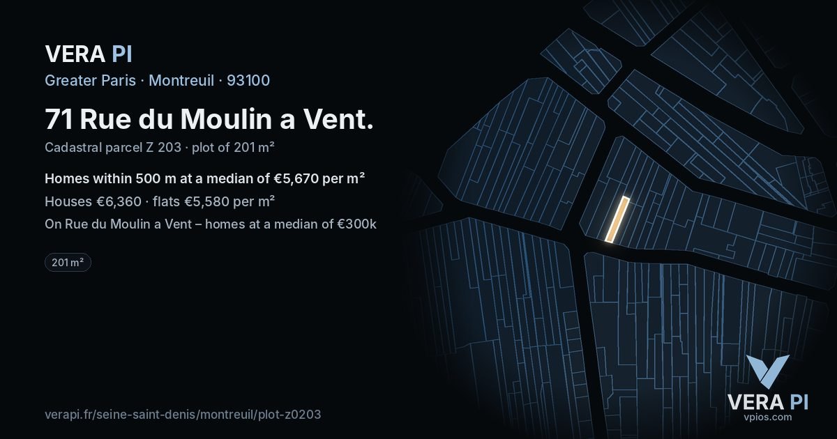 71 Rue du Moulin a Vent, Montreuil at night – the plot lit, the parcels around coloured by the prices near them