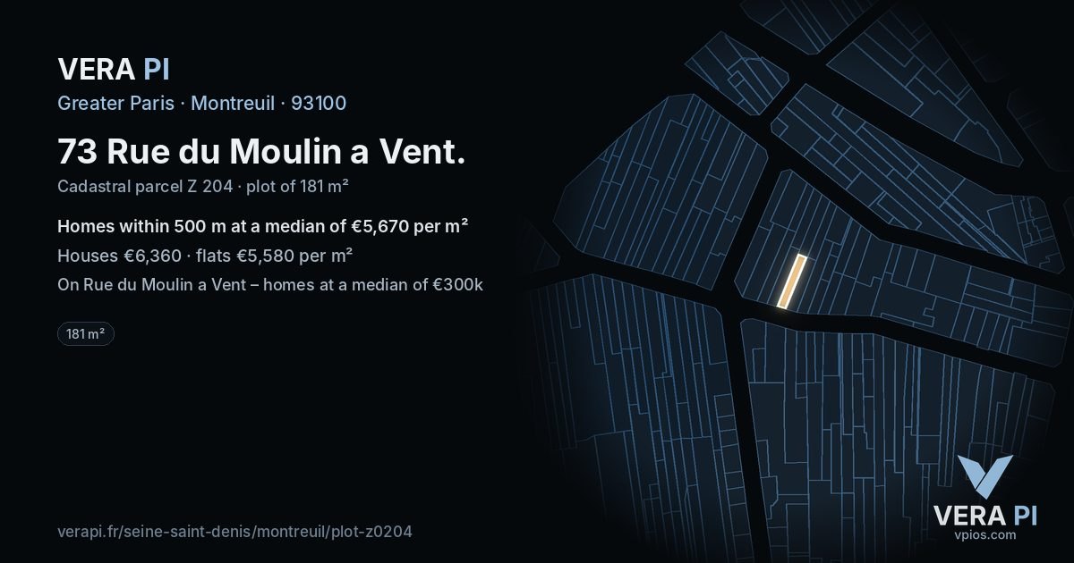 73 Rue du Moulin a Vent, Montreuil at night – the plot lit, the parcels around coloured by the prices near them