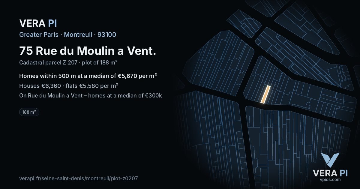 75 Rue du Moulin a Vent, Montreuil at night – the plot lit, the parcels around coloured by the prices near them