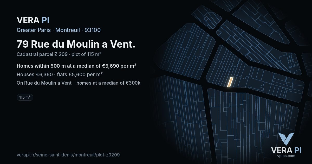79 Rue du Moulin a Vent, Montreuil at night – the plot lit, the parcels around coloured by the prices near them