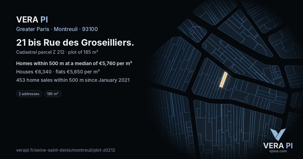 21 bis Rue des Groseilliers, Montreuil at night – the plot lit, the parcels around coloured by the prices near them