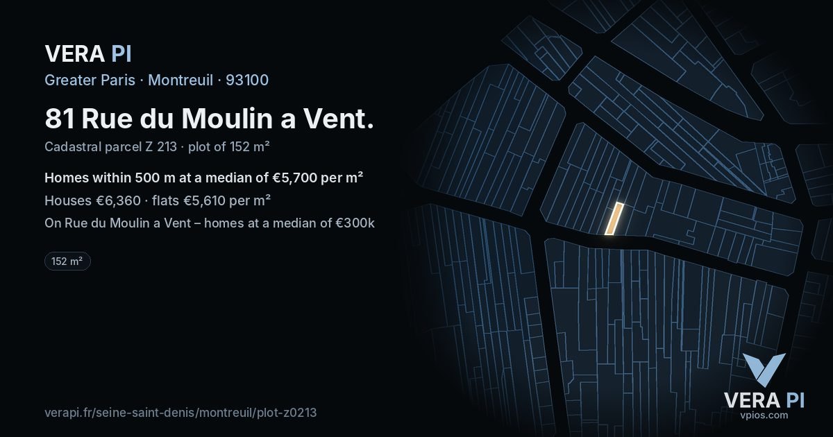 81 Rue du Moulin a Vent, Montreuil at night – the plot lit, the parcels around coloured by the prices near them