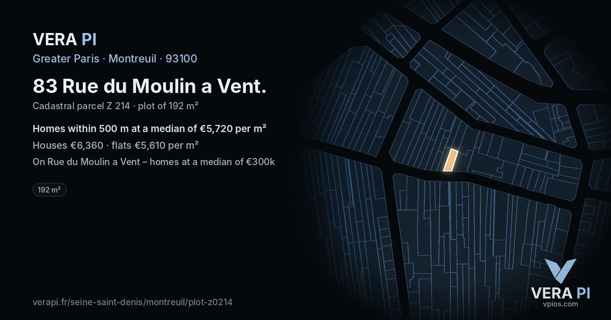 83 Rue du Moulin a Vent, Montreuil at night – the plot lit, the parcels around coloured by the prices near them