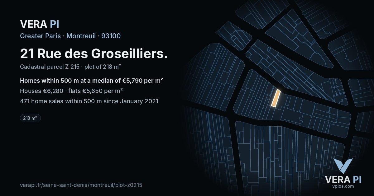 21 Rue des Groseilliers, Montreuil at night – the plot lit, the parcels around coloured by the prices near them