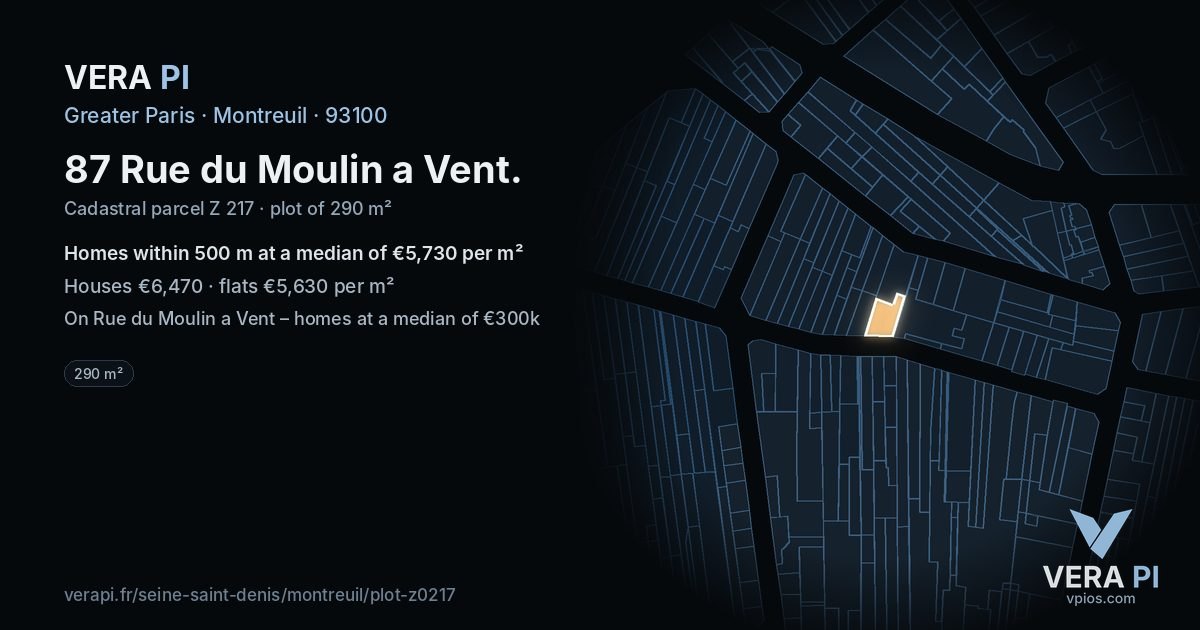 87 Rue du Moulin a Vent, Montreuil at night – the plot lit, the parcels around coloured by the prices near them