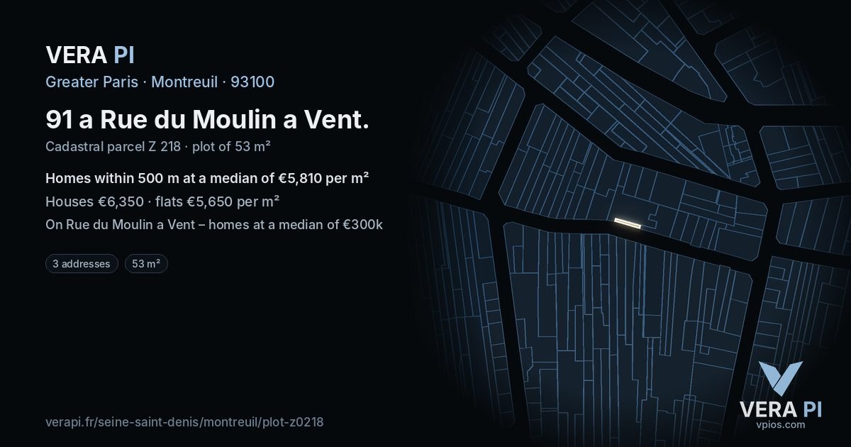 91 a Rue du Moulin a Vent, Montreuil at night – the plot lit, the parcels around coloured by the prices near them