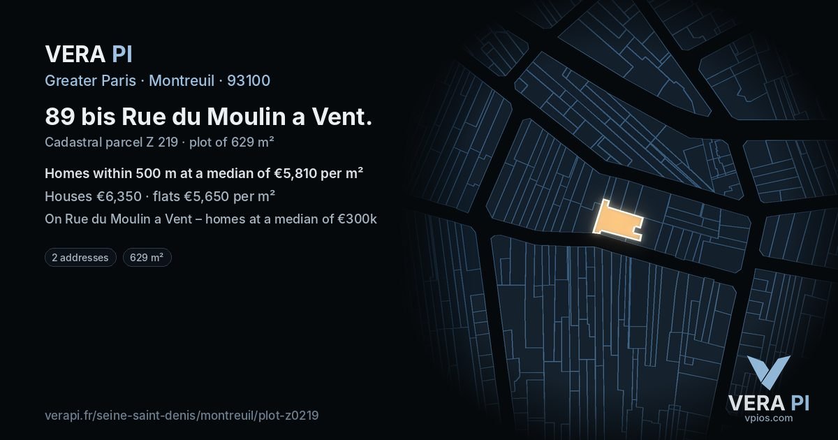 89 bis Rue du Moulin a Vent, Montreuil at night – the plot lit, the parcels around coloured by the prices near them