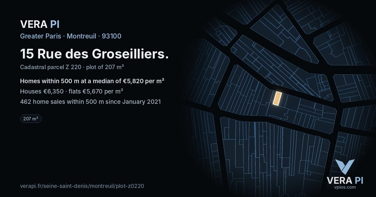 15 Rue des Groseilliers, Montreuil at night – the plot lit, the parcels around coloured by the prices near them