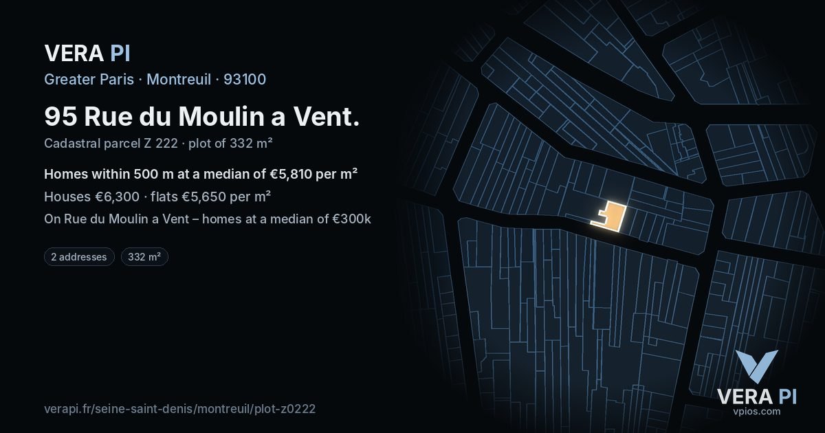 95 Rue du Moulin a Vent, Montreuil at night – the plot lit, the parcels around coloured by the prices near them
