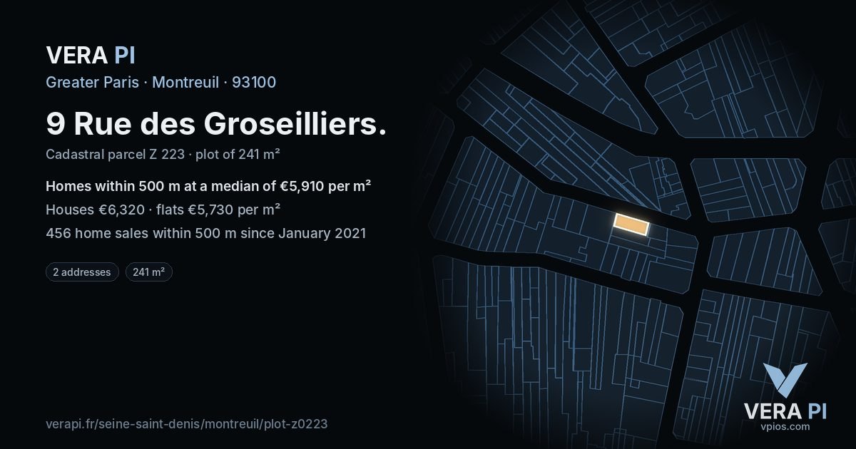 9 Rue des Groseilliers, Montreuil at night – the plot lit, the parcels around coloured by the prices near them