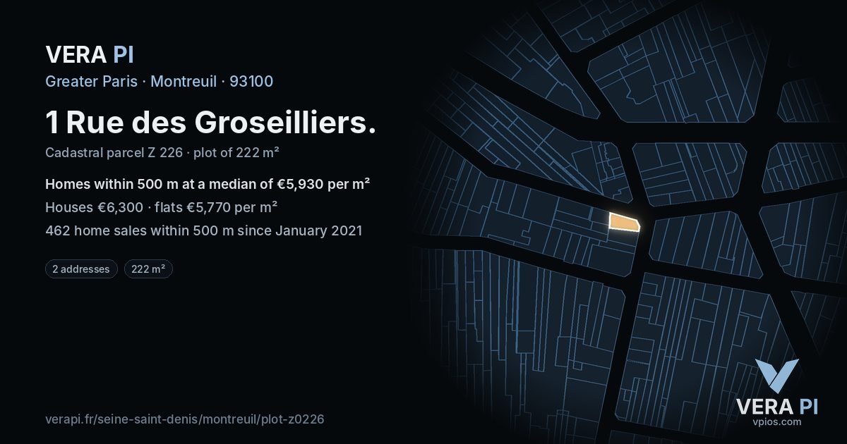 1 Rue des Groseilliers, Montreuil at night – the plot lit, the parcels around coloured by the prices near them