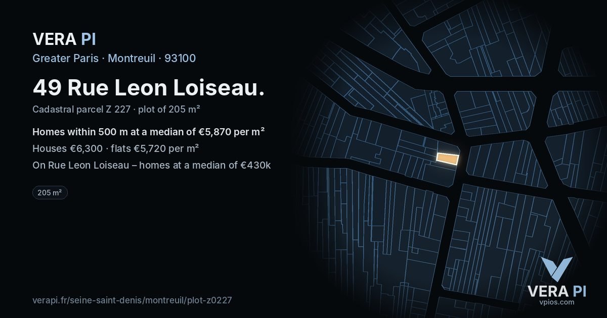 49 Rue Leon Loiseau, Montreuil at night – the plot lit, the parcels around coloured by the prices near them