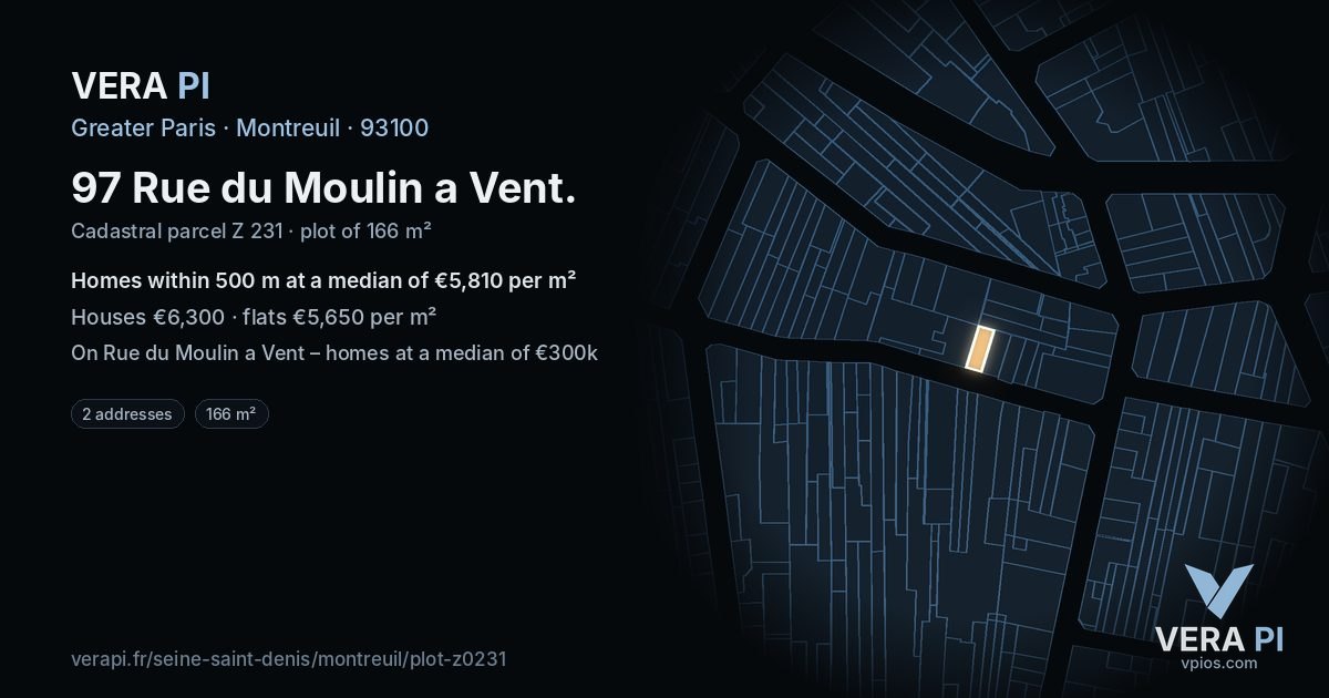 97 Rue du Moulin a Vent, Montreuil at night – the plot lit, the parcels around coloured by the prices near them