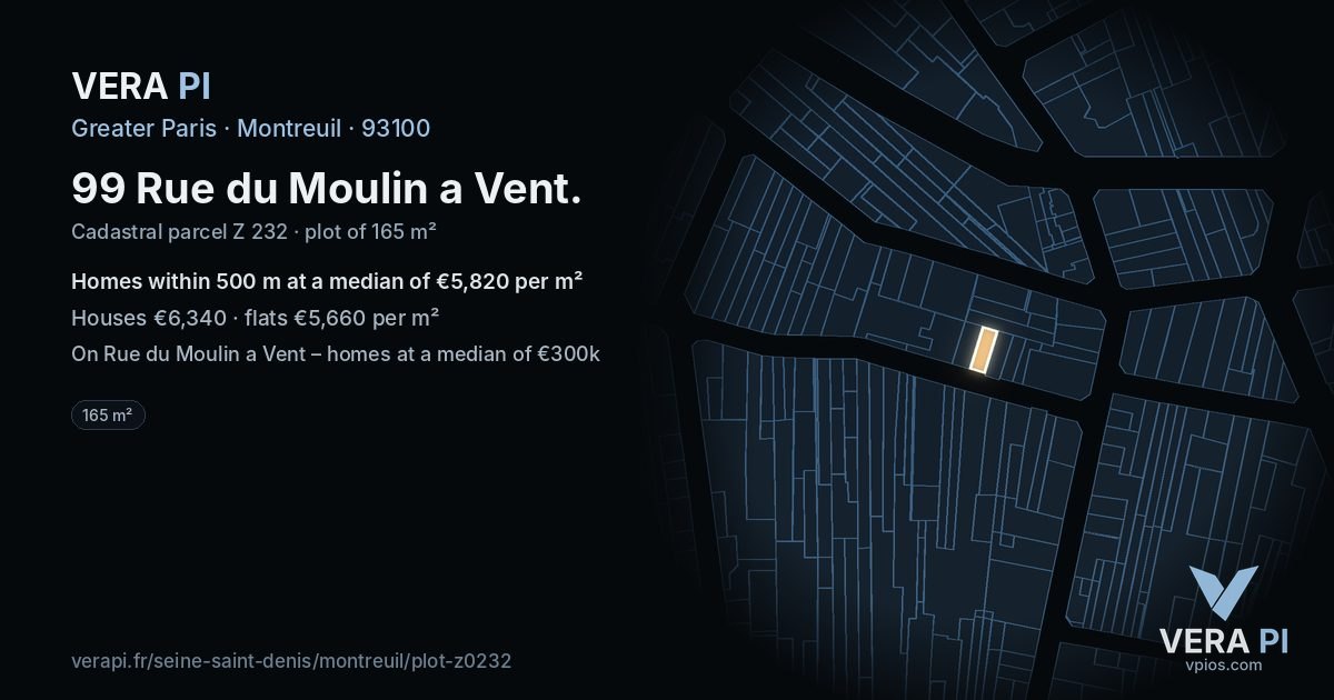 99 Rue du Moulin a Vent, Montreuil at night – the plot lit, the parcels around coloured by the prices near them