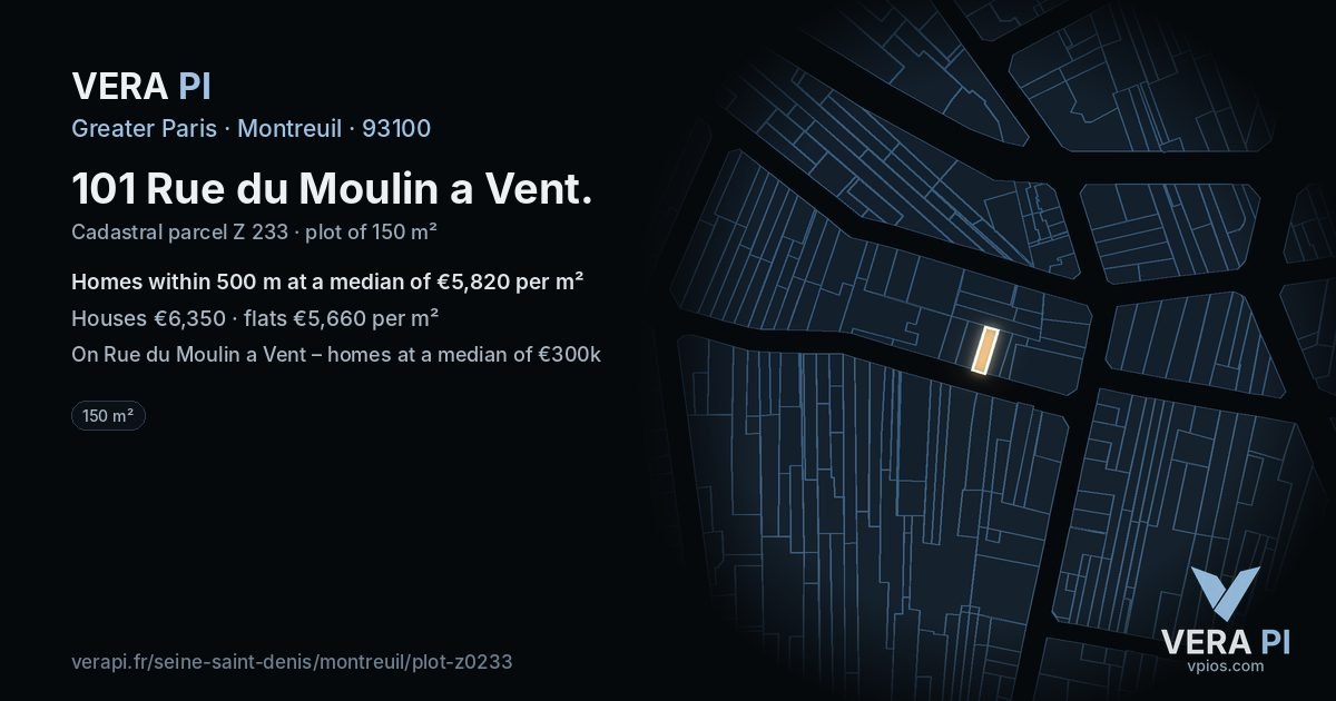 101 Rue du Moulin a Vent, Montreuil at night – the plot lit, the parcels around coloured by the prices near them