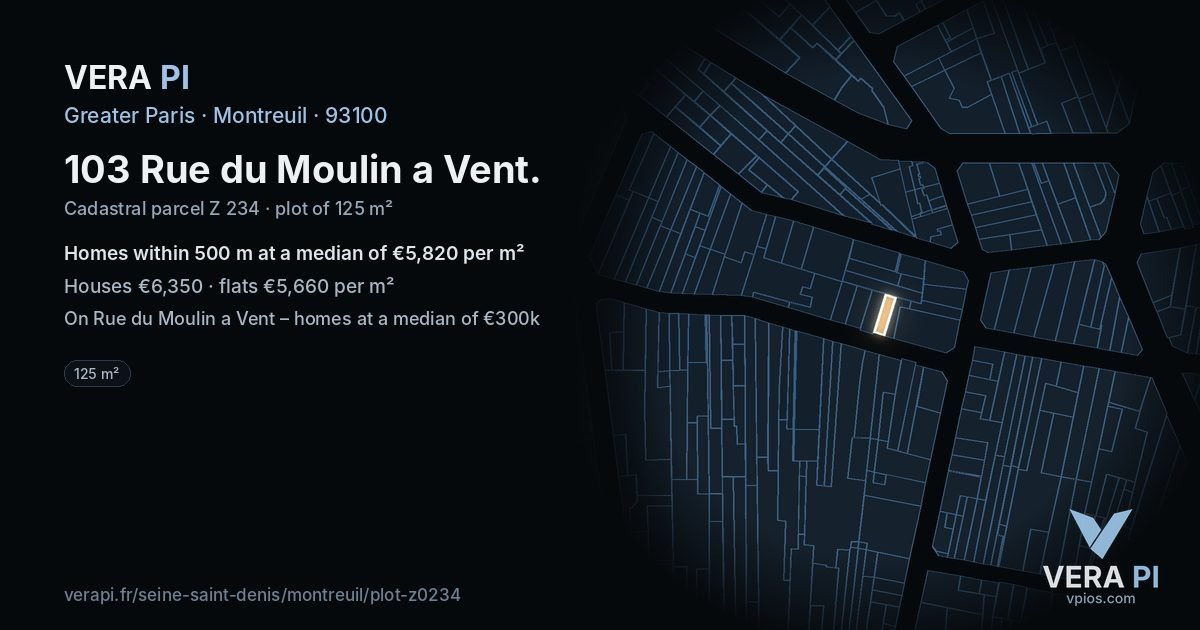 103 Rue du Moulin a Vent, Montreuil at night – the plot lit, the parcels around coloured by the prices near them