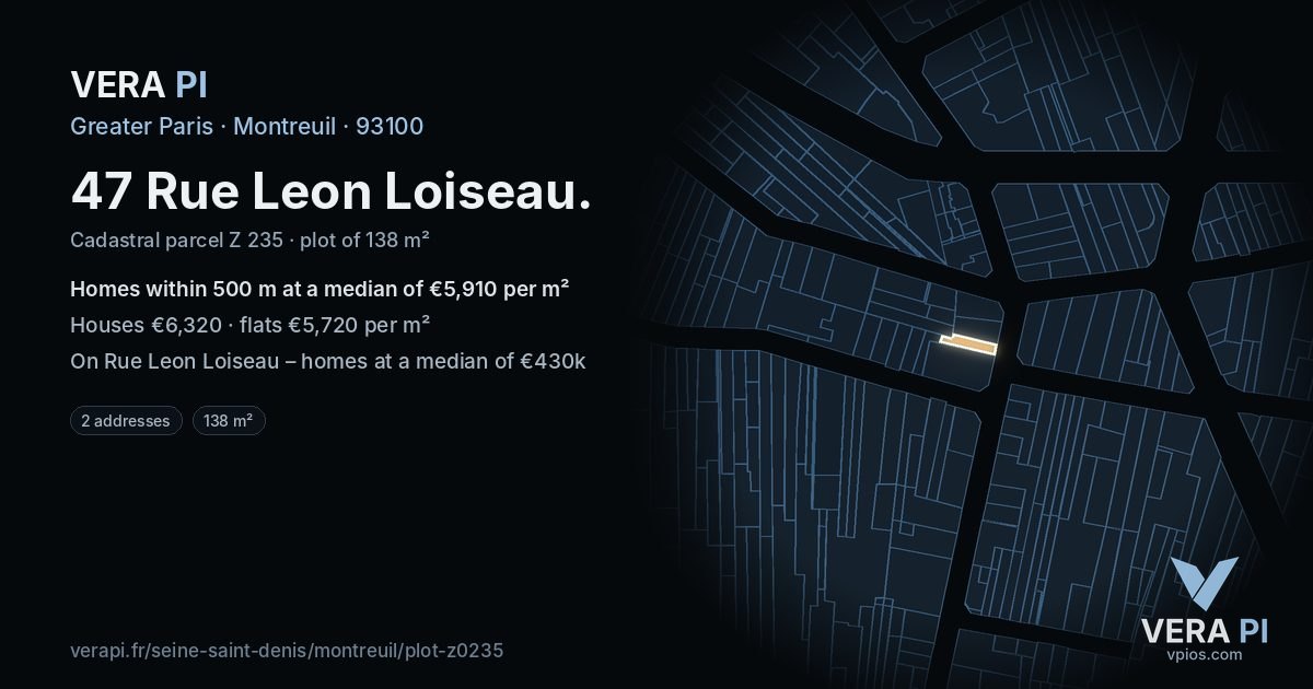 47 Rue Leon Loiseau, Montreuil at night – the plot lit, the parcels around coloured by the prices near them