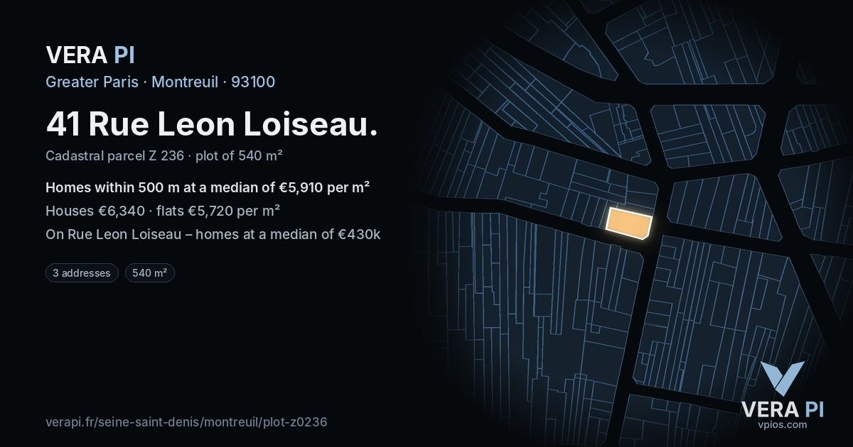 41 Rue Leon Loiseau, Montreuil at night – the plot lit, the parcels around coloured by the prices near them
