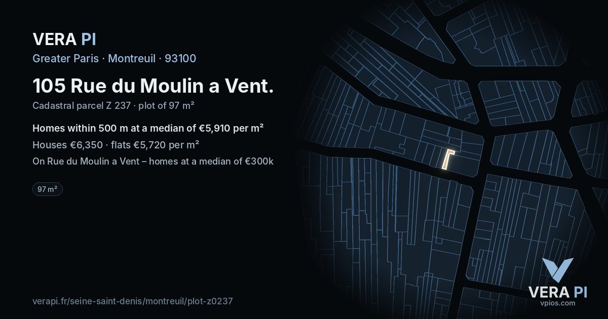 105 Rue du Moulin a Vent, Montreuil at night – the plot lit, the parcels around coloured by the prices near them