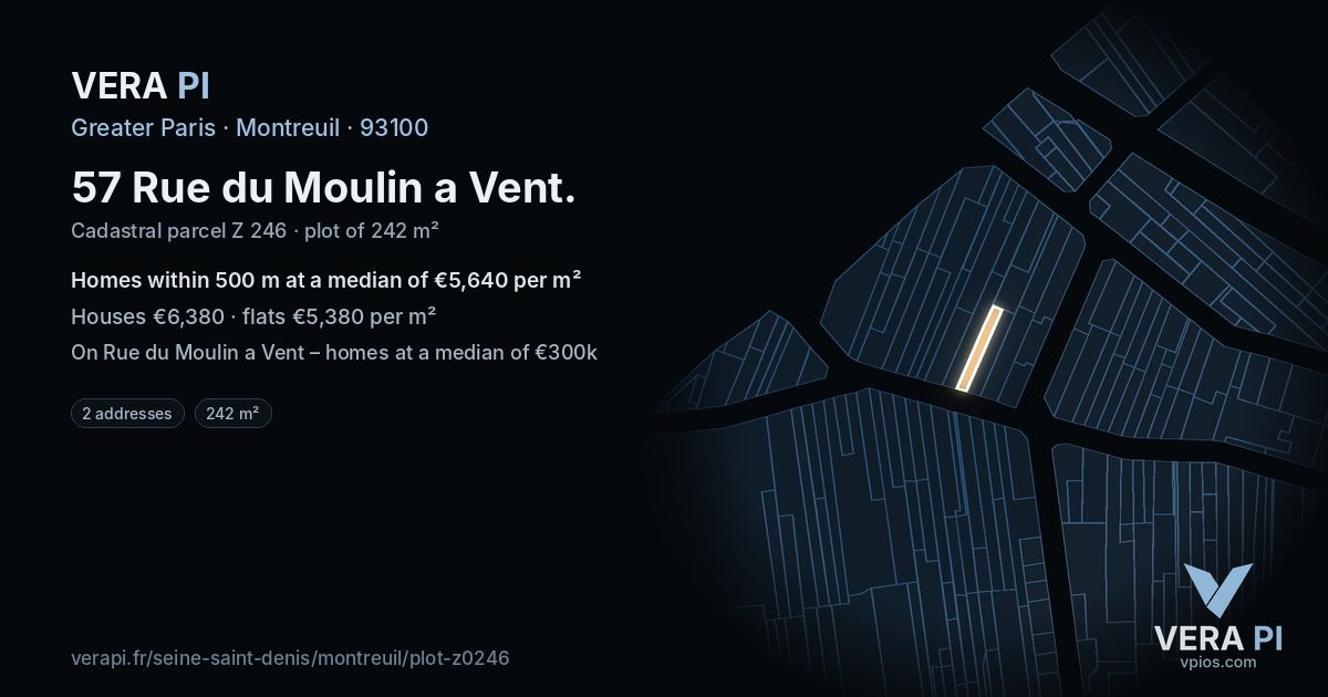 57 Rue du Moulin a Vent, Montreuil at night – the plot lit, the parcels around coloured by the prices near them