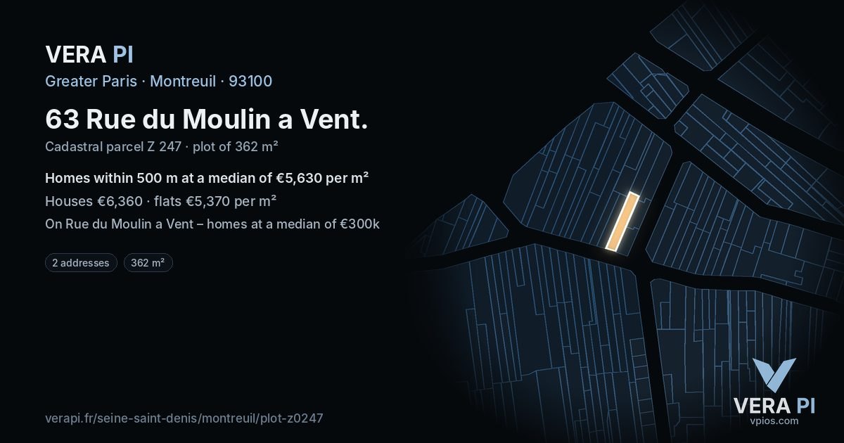 63 Rue du Moulin a Vent, Montreuil at night – the plot lit, the parcels around coloured by the prices near them