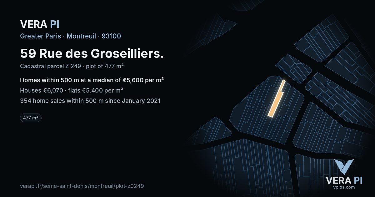 59 Rue des Groseilliers, Montreuil at night – the plot lit, the parcels around coloured by the prices near them