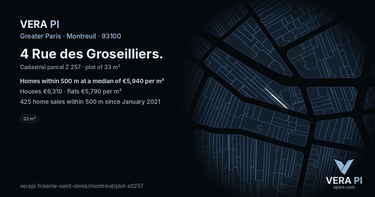 4 Rue des Groseilliers, Montreuil at night – the plot lit, the parcels around coloured by the prices near them