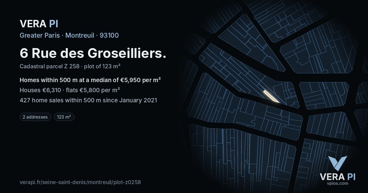 6 Rue des Groseilliers, Montreuil at night – the plot lit, the parcels around coloured by the prices near them