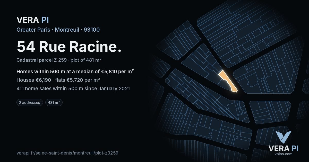 54 Rue Racine, Montreuil at night – the plot lit, the parcels around coloured by the prices near them