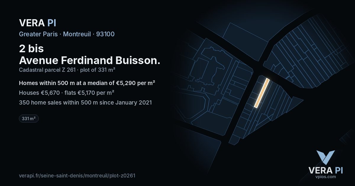 2 bis Avenue Ferdinand Buisson, Montreuil at night – the plot lit, the parcels around coloured by the prices near them