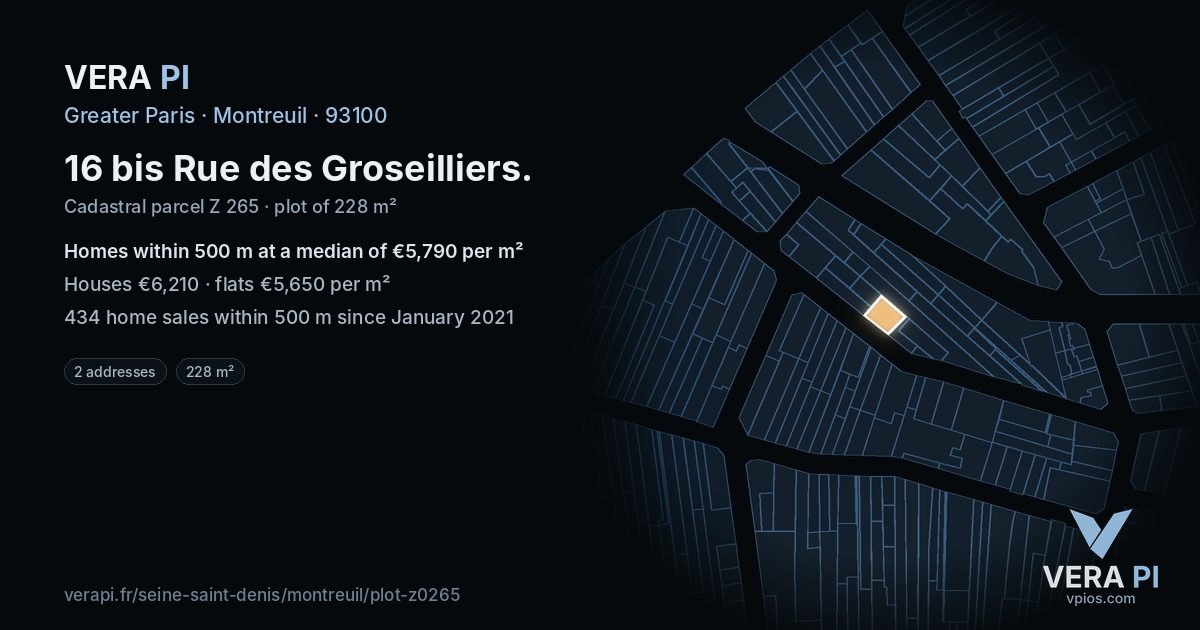 16 bis Rue des Groseilliers, Montreuil at night – the plot lit, the parcels around coloured by the prices near them