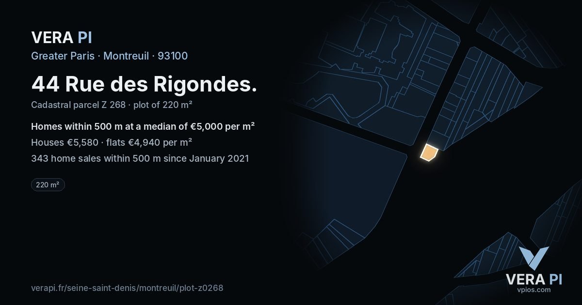 44 Rue des Rigondes, Montreuil at night – the plot lit, the parcels around coloured by the prices near them