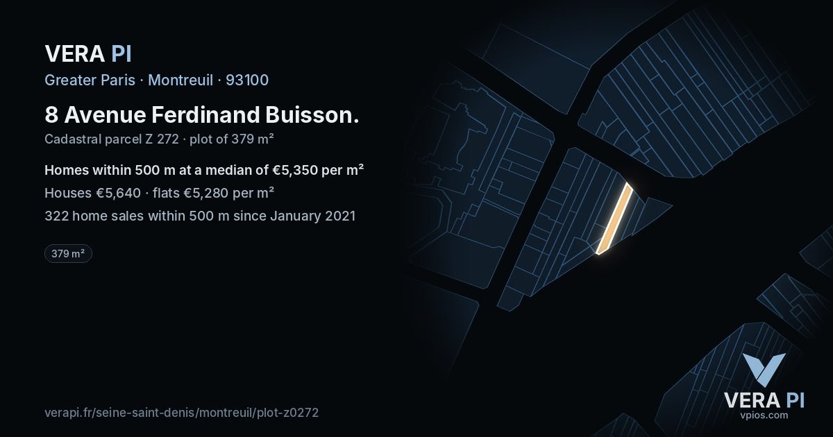 8 Avenue Ferdinand Buisson, Montreuil at night – the plot lit, the parcels around coloured by the prices near them