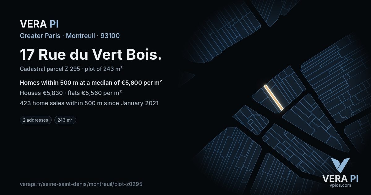 17 Rue du Vert Bois, Montreuil at night – the plot lit, the parcels around coloured by the prices near them