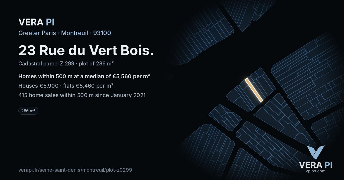 23 Rue du Vert Bois, Montreuil at night – the plot lit, the parcels around coloured by the prices near them
