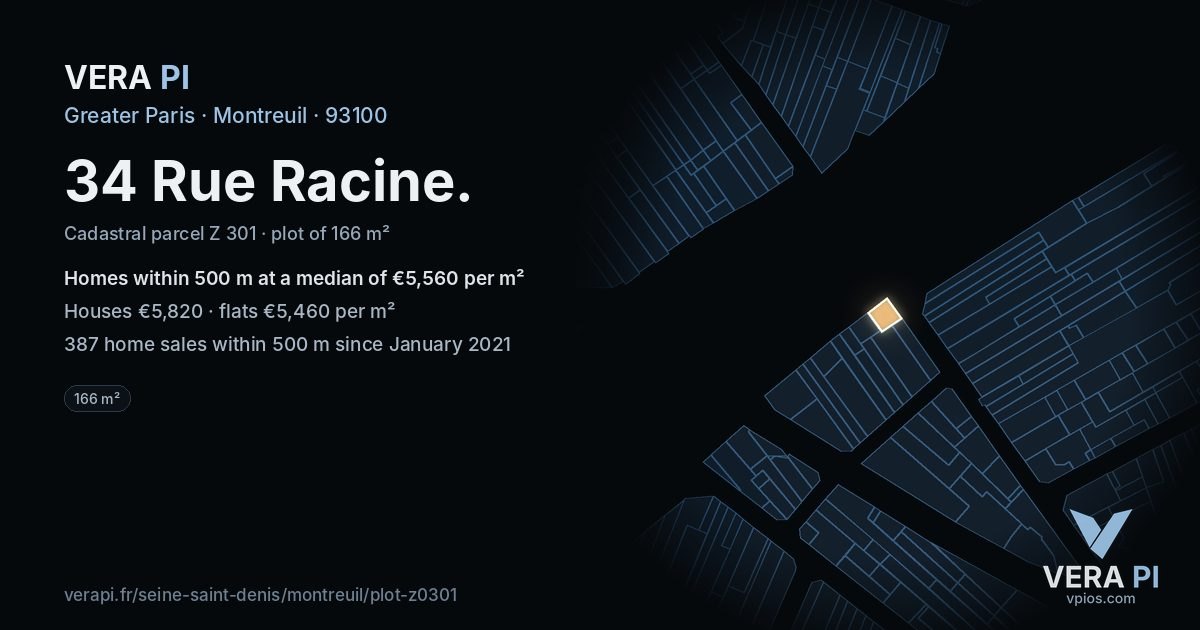 34 Rue Racine, Montreuil at night – the plot lit, the parcels around coloured by the prices near them