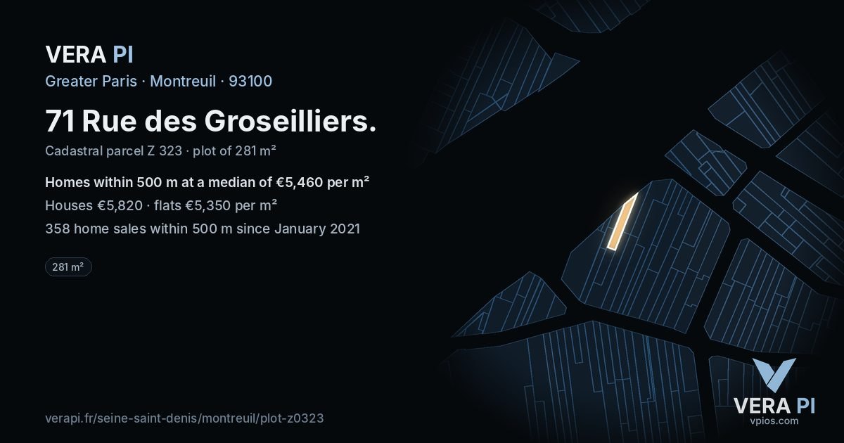 71 Rue des Groseilliers, Montreuil at night – the plot lit, the parcels around coloured by the prices near them