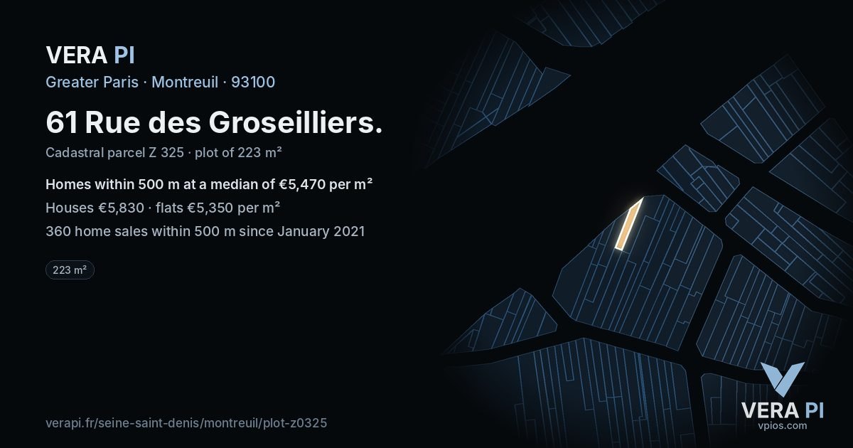 61 Rue des Groseilliers, Montreuil at night – the plot lit, the parcels around coloured by the prices near them