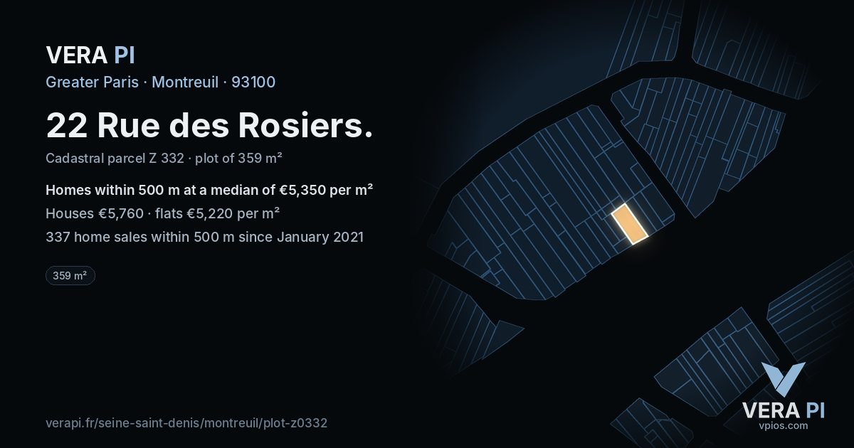 22 Rue des Rosiers, Montreuil at night – the plot lit, the parcels around coloured by the prices near them